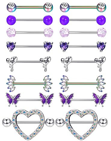 Adramata 8 Paar 14G Nippelpiercing Chirurgenstahl Brustwarzenpiercing Set CZ Schmetterling Nippel Piercing Set Kugel Herz Zungenstangen Nippelpiercing Körper Piercing Schmuck Damen