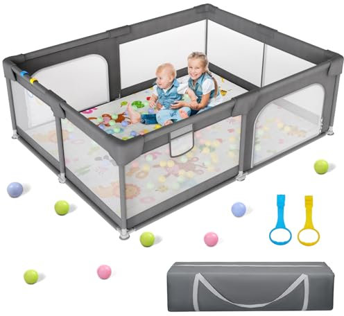 JIKPO Laufstall Baby 180x150cm, Stabiler Sicherheits Extragroßer Laufgitter für Babys und Kleinkinder, Kleines Laufstall 300D Oxford Geweb mit 2 Reißverschlusstür und Atmungsaktivem Netz, Dunkelgrau