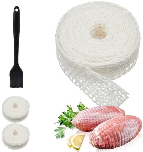 FCSNJH Lot de 2 rouleaux de filet à rôtir, 3 m de calibre 16, pinces à roulade, filet à fumer, filet de fumage blanc – Convient pour rôtir des saucisses de viande – 1 pinceau à pâtisserie inclus
