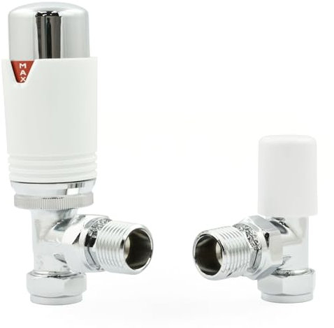 Hot Flow Chrome & White Estuary Angled TRV Thermostatic Radiator Valve (Pair) Includes Angled TRV Body, Wheel Head, Lock Shield. or Quick & Easy Temperature Control.