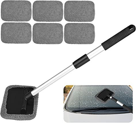 Retractable Car Windscreen Cleaner Tool Car Window Cleaner Inside Kit with 6pcs Washable Microfiber Cloth 180°Rotating Car Windshield Cleanning Wiper Car Glass Cleaner Brush for Auto SUV