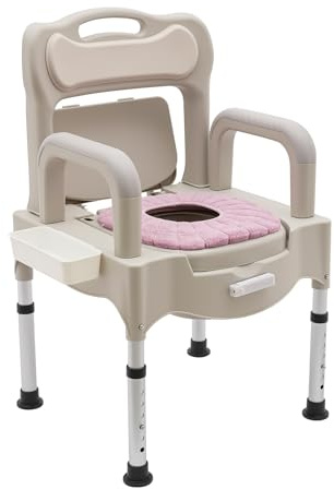 Sedia WC regolabile in altezza con braccioli per anziani con luce notturna e secchio di ricambio per casa, portata fino a 250 kg, comoda sedia da bagno con coprisedili rimovibili (bianco)