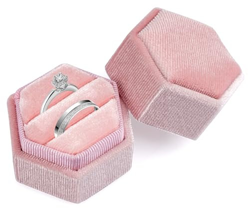 Rose Velours Boite a Bague, Boîtiers pour Bagues de Fiançailles, Boîte à Bagues pour Couple à Double Fente, pour Demande de Mariage, Mariage, Valentin, Anniversaire Tenant 2 Bagues (Hexagone)