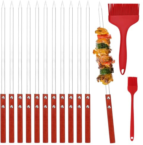 GALOZZOIT 12 brochetas planas de acero inoxidable de 40 cm × 10 mm con mango de madera, incluye cepillo grande y pequeño rojo para barbacoa, brochetas de kebab, accesorios para barbacoa