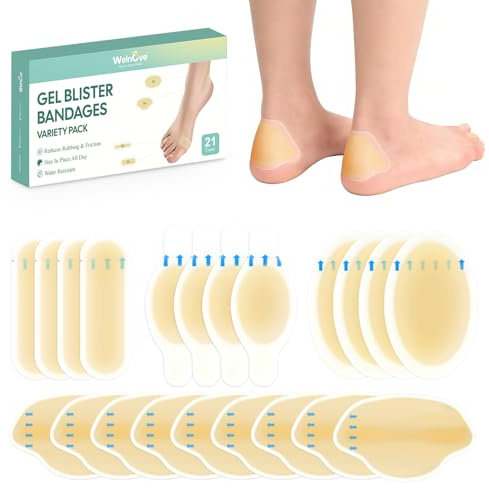 Hydrocolloid Blister Bandages Heel Pads - Welnove 21ct Water Resistant Adhesive Blister Pads for Heel, Feet,Toe - Gel Blister Protection for Calluses,Cuts,Bunion, Travel Essentials (Variety Pack)