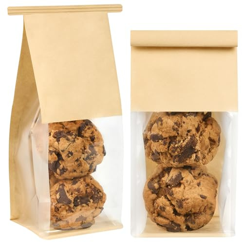 Ocmoiy 50 Pack Small Cookie Bags with Window, 3.9x3.5x9.5 Inches Tin Tie Tab Lock Bakery Packaging Bag, Resealable Paper Pastry Bags for Homemade Granola, Popcorn, Candies, Treat