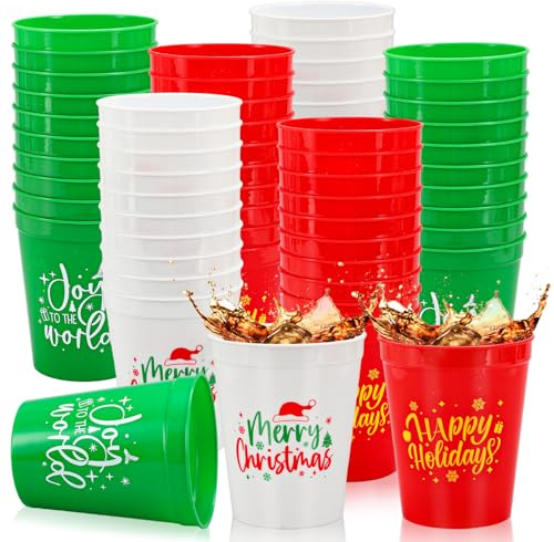 Whaline Christmas Plastic Cups 16oz Merry Xmas Theme Red Green White Reusable Cups Decorative Holiday Party Drinkware for Hot Cold Drinks Coffee Juice Beer Candy Snacks Winter New Year Party, 30 Pcs
