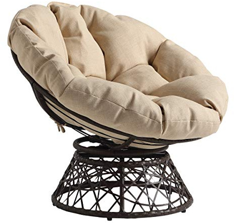 Wicker Papasan Chair with 360-Degree Swivel, Brown Frame with Cream Cushion