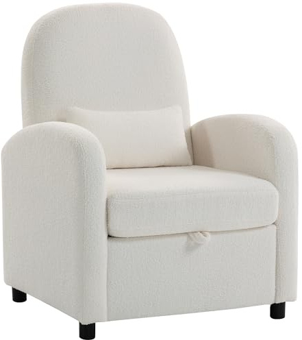 HOMCOM Poltrona Salotto Imbottita con Contenitore Nascosto, Schienale Alto, Poltroncina Moderna con Braccioli, Cuscino Lombare e Seduta Ampia, in Velluto Teddy, per Camera da Letto e Soggiorno, Crema