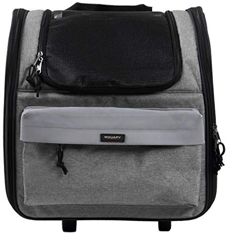 Wouapy Transportín Perro, Gato con Ruedas Trolley (35X29cm, Gris). Bolsa de Transporte Transpirable para Mascotas, Carrito para Perros. Transportín Delantero Suave, Ventilado, Cómodo.
