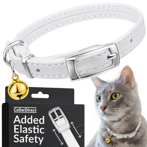 CollarDirect Leather Cat Collar, Cat Safety Collar with Elastic Strap, Kitten Collar for Cat with Bell Black Blue Red Orange Lime Green (Neck Fit 9-11, White)