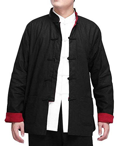 Kung Fu Herren Jacke - Traditionelle Chinesische Kampfkunst Tai Chi Qigong Wing Chun Shaolin Lange Ärmel Training Kleidung Doppelseitig Frühling Herbst Mantel Casual Look (Schwarz und Rot, XXL)