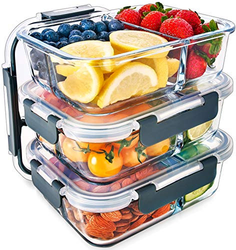 Igluu Meal Prep Glas-Frischhaltedosen mit BPA-freiem Deckel (3er-Pack) – mikrowellen-, ofen-, gefrier-, spülmaschinengeeignet, auslaufsicher – 980 ml – mit 3 Fächern - robustes Borosilikatglas