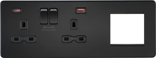 Screwless 13A 2G DP Socket with USB Fastcharge + 2G Modular Combination Plate - Matt Black