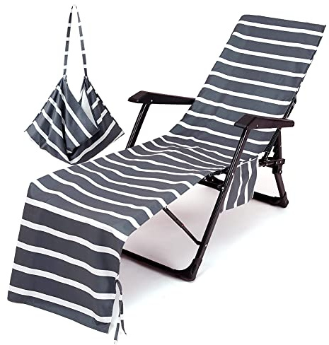 Morbuy Beach Chair Cover, Solid color Striped Lounger Bags with Pockets Sunbed Towels Fitted Microfiber Sun Lounger Towels for Summer Outdoor Pool Vacation Travel (dark grey)