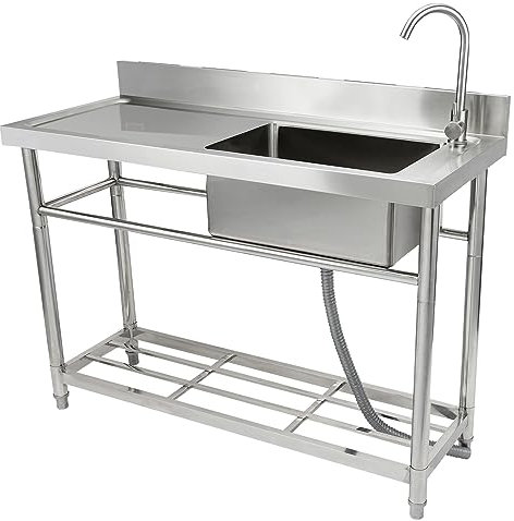 VEVOR Évier Cuisine Utilitaire Commercial en Acier Inoxydable, Petit Évier sur Pied Cuve Simple avec Robinet et Établi 120 x 50 x 95 cm, pour Garage, Restaurant, Blanchisserie, Cuisine, Salle de Bain