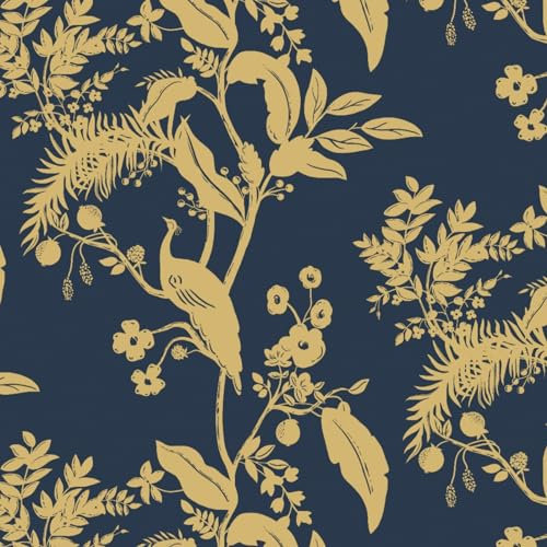 Fiula Carta da Parati Autoadesiva con Foglie Floreali 44cmx3m Pellicola Adesiva da Parete Blu Scuro Oro Motivo Uccelli Impermeabile per Cucina Armadio Soggiorno Camera da Letto Mobili