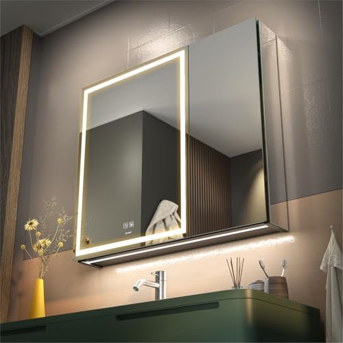 GANPE LED Beleuchtetes Badezimmer Medizin Spiegel Schrank, Defog, Stufenloses Dimmen, Speicher 3-Farben Modus, Speicher Regale, Steckdosen & USBs (2 Türen, 75 x 70 cm)
