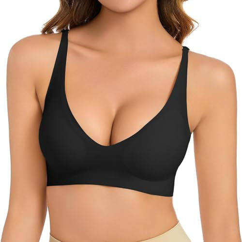 BH Ohne Bügel Push Up für Kleine Brust,Schwangerschaft Kleidung Bra,V-Ausschnitt, Bequem, Weicher BH, Push-Up, Nahtloser BH, Leicht Gepolsterte Brüste,Bequeme Nahtlose Sport&Schlaf&Yoga (Black, L)