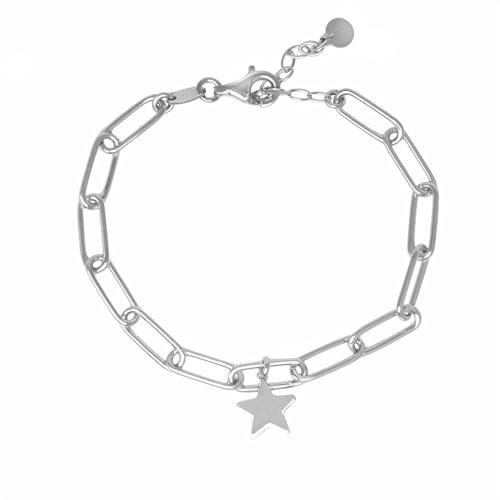 WANDA PLATA -Pulsera Cadena Estrella, Plata de Ley 925, Ajustable 16-19 cm, Cadena Paperclip, en Caja de Regalo