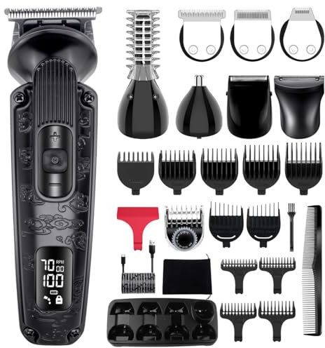 Hatteker Barttrimmer Herren Haarschneidemaschine Set Bartschneider Profi Haarschneider Rasierer Elektrisch Nasenhaartrimmer Körperhaartrimmer Wasserdicht Einstellbare Geschwindigkeit 8 in 1 (Schwarz)