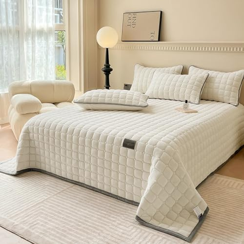 SHANNA Extra Large Bed Throw Quilt: Milk Velvet Soft Bedspread Skin-friendly Double-Sided Bed Throw Blanket Ideal as Bedspread 230 x 250 cm with 2 Matching Pillowcases 50 x 70 cm (Beige)