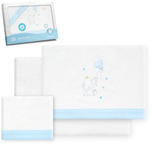 Interbaby - Set med lakan spjälsäng 60 x 120% bomull, 100% bomull, flanell, varm, mjuk spjälsäng, säng, med låg filt, bänkskiva och örngott, perfekt för vintern, elefant ballong vit/blå hjärta