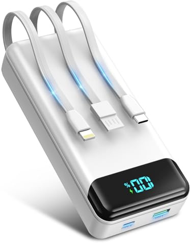 Batterie Externe 27000mAh, PD 20W Power Bank Chargeur Rapide avec 3 Câbles Intégrés, 4 Sorties et 2 Entrées Portable PowerBank Compatible avec Tablettes, Etc.(Blanc)