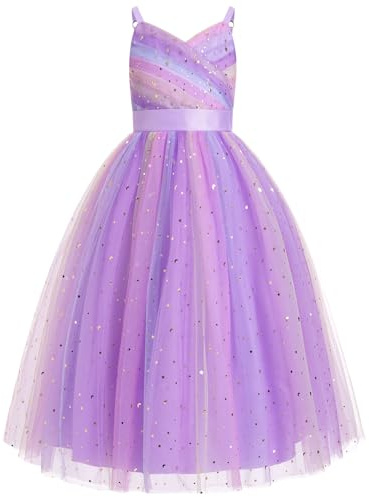 IWEMEK Fille Robe de Mariage Longue Robe de Demoiselle d'honneur Tutu Princesse en Spaghetti sans Manches Baptême fête Anniversaire Soirée Cocktail pour Enfants 6-14 Ans Violet b 120