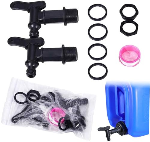 Lot de 2 robinets d'écoulement pour citerne d'eau de pluie 3/4, en plastique, avec écrou d'étanchéité, contre-écrou et bande d'étanchéité, accessoires pour réservoir d'eau, tonneau de pluie (noir)