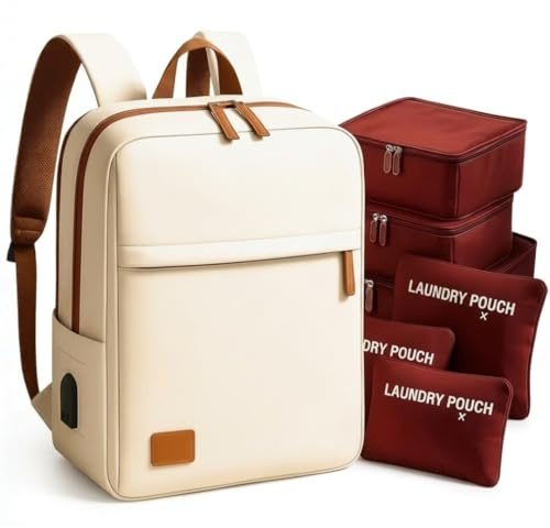 SAGATUS Mochila Cabina Avion 40x20x25 Compatible Ryanair Vueling - Mochila Portatil 15,6 Impermeable con Puerto USB, Bolsillo Antirrobo y 6 Bolsas Organizadoras, para Viajes y Trabajo (Beige)