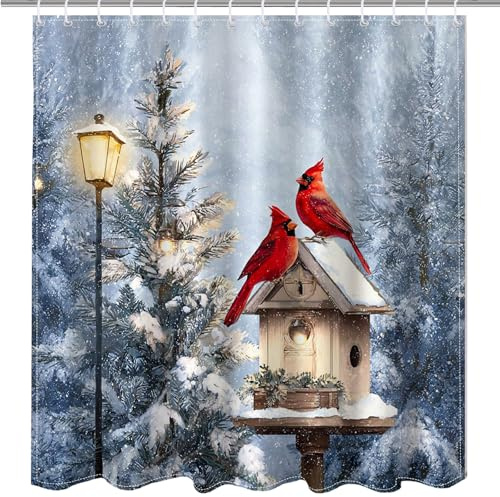 Mocsicka Winter Shower Curtain Christmas Snow Scene Robin Red Cardinal Bird Shower Curtain for Winter Christmas Holiday Bathroom Decor Waterproof Fabric 72 X 72 Inch