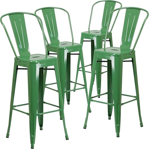FWStyle Lily Green 77cm Galvanised Metal Bar Stool – Powder-Coated Industrial Design, Stackable, Footrest, Fully Assembled – Indoor Outdoor Kitchen or Bar Use