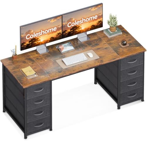 Coleshome Skrivbord med 8 Tyglådor, 140x48cm, Brun | med Förvaring, Databord för Vardagsrum och Hem