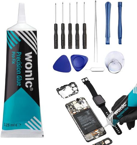 125ML Pegamento para Móviles | Reparación y sustitución Pantallas de Movil | Flexible | Punta Metálica de Precisión WONIC PRO FIX (Negro, Tubo XXL + Kit de 12 Piezas)