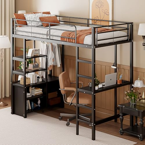 OKMYHOME Lit Mezzanine 90x200 cm - Lit Surélevé Ado en Métal avec Bureau, Prise USB et Rangements Ouverts - sans Matelas - Noir