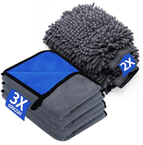 KALBIGRO Kit Pulizia Auto con 3 Pezzi Panno Microfibra Auto e 2 Pezzi Guanto Lavaggio Auto, 600 GSM Panno in Microfibra per Auto Super Assorbenti, Senza Graffi per Cura Auto Moto (40 x 30 cm)