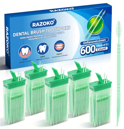 RAZOKO Interdental tandpetare för tandställningar och smala mellanrum | Engångsintervallsborste i livsmedelskvalitet med bärbar väska för resor och hem