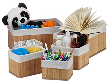 Relaxdays Set de seis cestas de almacenaje, Funda de tela, Bambú, Cuadrado y rectangular, Organizador, Natural