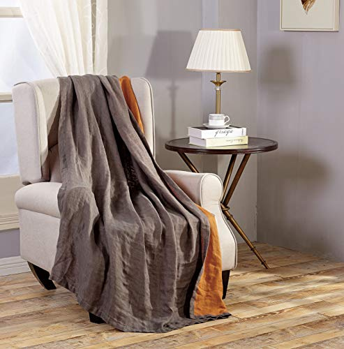 Chezmoi Collection Brussels Belgian Flax Linen Throw Blanket, 50 x 70 - Pre-Washed Super Soft Lightweight Breathable Summer Blanket Gray/Orange Color for Living Room Couch & Bed
