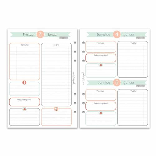 SinnWunder® Premium Kalendereinlagen 2025 - Tages-Kalender mit 1 Tag pro Seite – Größe Din A5 – 6-fach-Lochung für Ringbücher – HappySinn