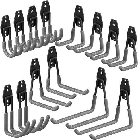 3-H Ganci da Garage Resistenti, Confezione da 14, Ganci in Acciaio per Garage, Montaggio a Parete e Organizer per Attrezzi Antiscivolo per Organizzare Scale, Sorde, Biciclette, Cavi