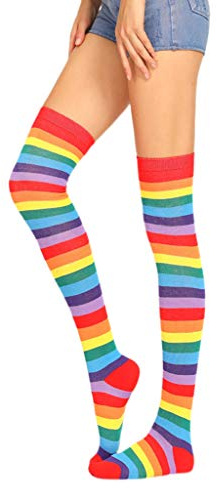 GUMEI Donne Ragazze Fantasia Arcobaleno Strisce Colorate sopra Il Ginocchio Calze Lunghe Costume Cosplay di Halloween Lavorato A Maglia Elastico Calze Alte