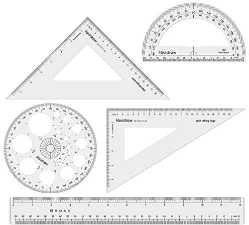 Liquidraw Geometrie-Set, 5-teilig, 2 x quadratisches Dreiecks-Lineal, Halbkreis-Winkelmesser, Kreis-Winkelmesser, 30,5 cm Lineal, professionelle Qualität, Arbeits- oder Schulbedarf, Millimeter- und