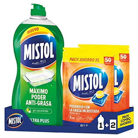 Mistol Pack Combo Ahorro - Mistol Ultraplus 950 ml + 100 Pastillas Lavavajillas. Limpia, desengrasa, desincrusta y abrillanta, dejando tu vajilla como nueva.