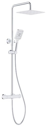 Rainsworth Thermostatic Shower Column, Stainless Steel Shower Head 92-126 cm, 3 Jet Shower Head, Height Adjustable Rain Shower, Shower Set with Mixer Tap, Chrome