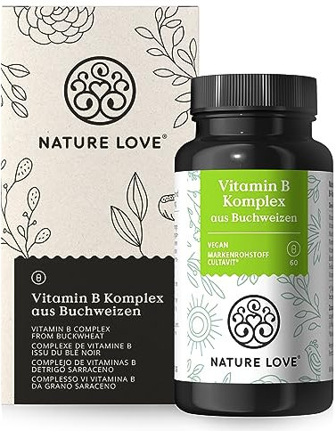 Vitamin B Komplex aus Buchweizen - 60 Kapseln - Natürliche B-Vitamine - Hochdosiert: 120% des täglichen Bedarfs an Vitamin B1, B2, B3, B5, B6, B7 (Biotin), B9 (Folsäure) und B12 - vegan, laborgeprüft