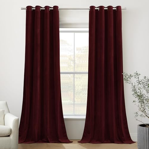 Pony Dance Sammetsgardiner, set med 2 stycken, med öljetter, 300 g/m², tunga gardiner, köldskydd, mörkläggningsgardiner, dekorativa julgardiner för vardagsrum, L 220 x B 132 cm, röd