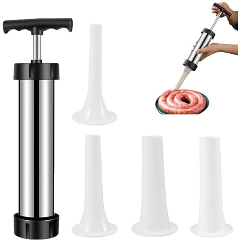 Machine de Remplissage de Saucisses, Poussoir à Saucisses, Farcir Saucisse Machine, Outil Manuel de Remplissage de Saucisses, avec 4 Tubes de Remplissage Différents, 25 x 10cm