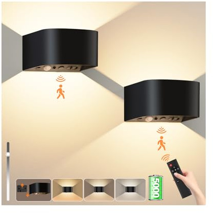 Audor Batteridriven vägglampa inomhus med 3 färger, 5 000 mAh vägglampa utan strömanslutning, uppladdningsbar LED-vägglampa med rörelsesensor, sladdlös, fjärrkontroll, väggljus upp och ner för hall